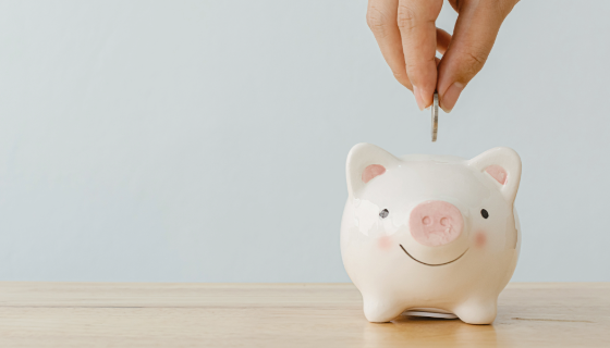 An image of a person putting a coin into a piggy bank. 