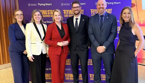 (Left to Right): Bec Curtain, Kim Little, Minister for Education, Training and Skills, the Hon Lucy Hood MP, Sean Heffernan, Benn Gramola and Elaine Hewitt 