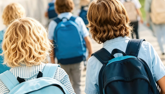An image showing children walking with backpacks on. 