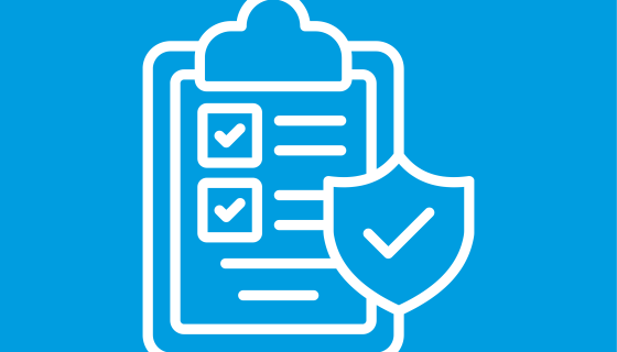 An image with a blue background and white icon graphic showing a clipboard with text and ticks.