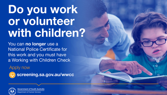 Promotional &#039;Do you work or volunteer with children?&#039; material from Department for Human Services